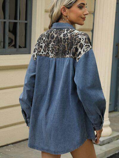 Leopard Button Up Long Sleeve Denim Jacket for Women-1