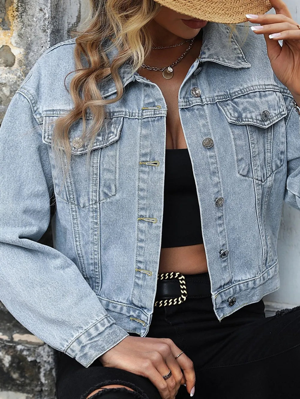 Button Up Denim Jacket with Chest Pockets-2