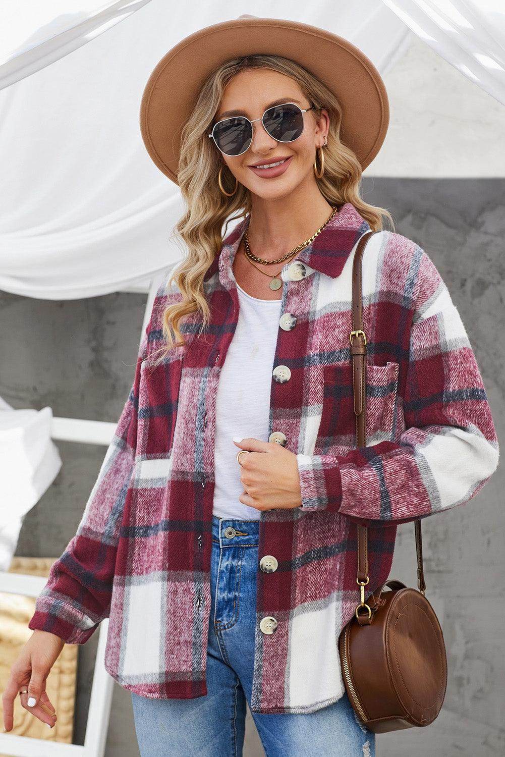 Plaid Button Up Dropped Shoulder Jacket for Women Stylish-5
