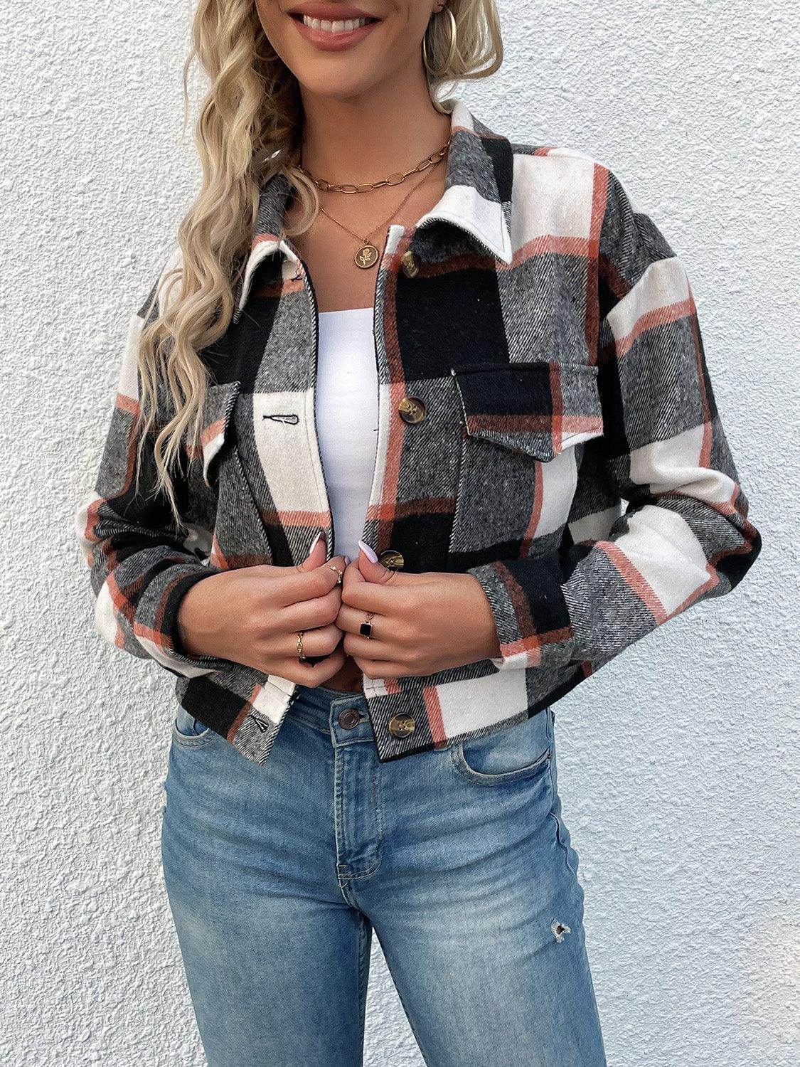 Perfee Plaid Button Up Drop Shoulder Cropped Jacket for Women-4