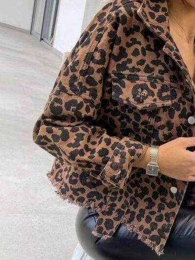 Raw Hem Leopard Collared Neck Denim Jacket for Women-2