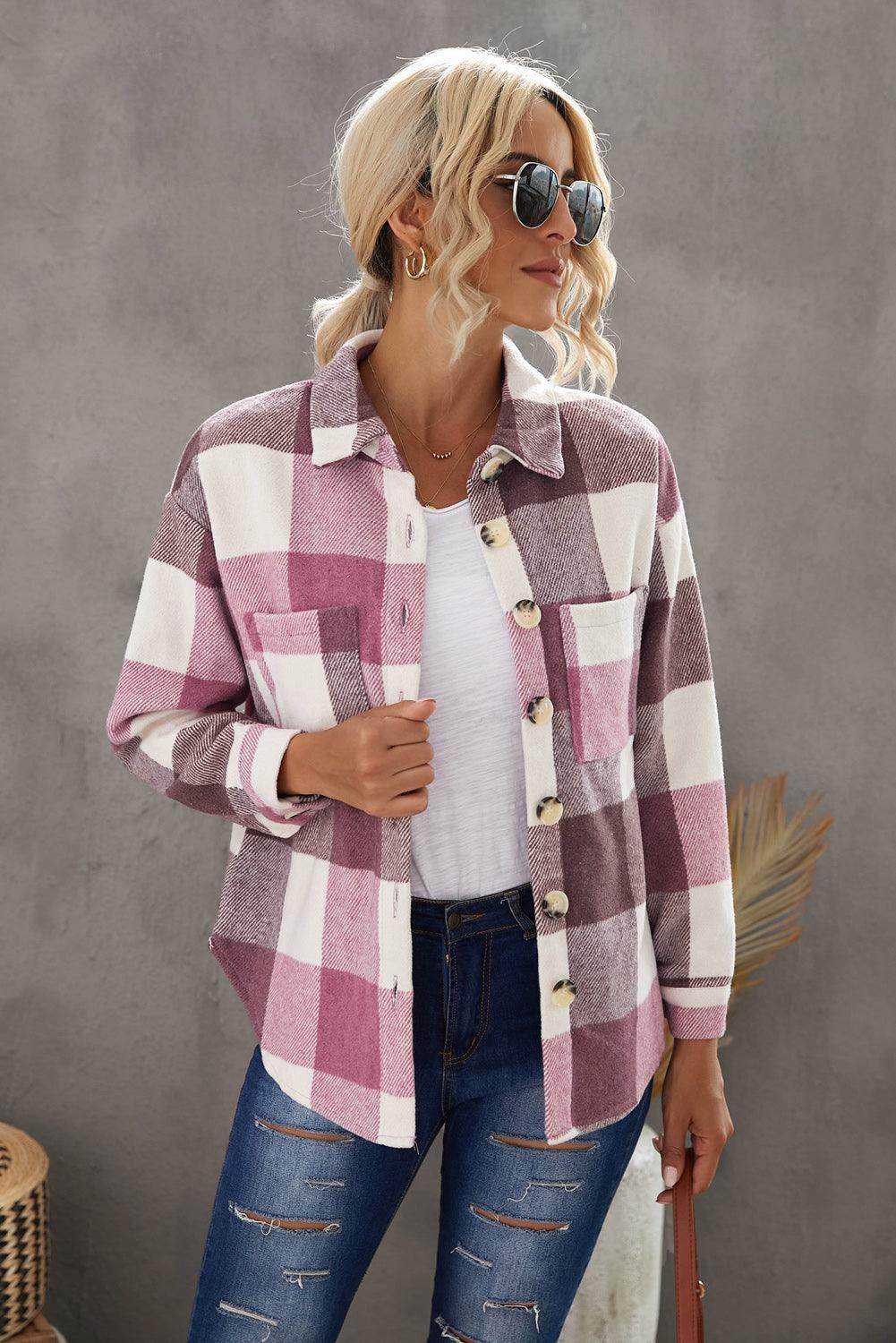 Plaid Button Up Dropped Shoulder Jacket for Women Stylish-3