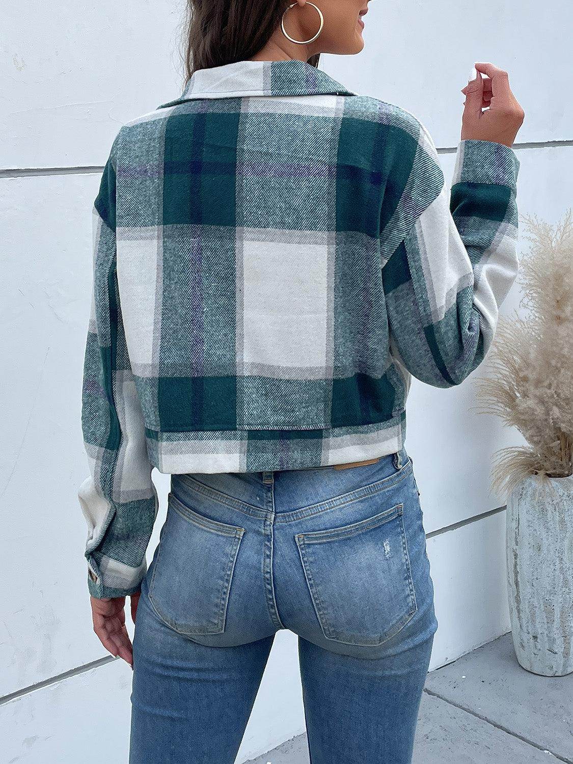 Perfee Plaid Button Up Drop Shoulder Cropped Jacket for Women-1