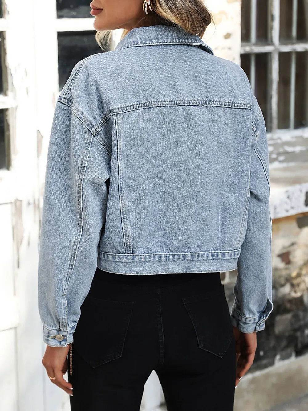 Button Up Denim Jacket with Chest Pockets-4