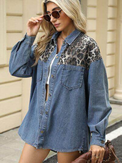 Leopard Button Up Long Sleeve Denim Jacket for Women-2