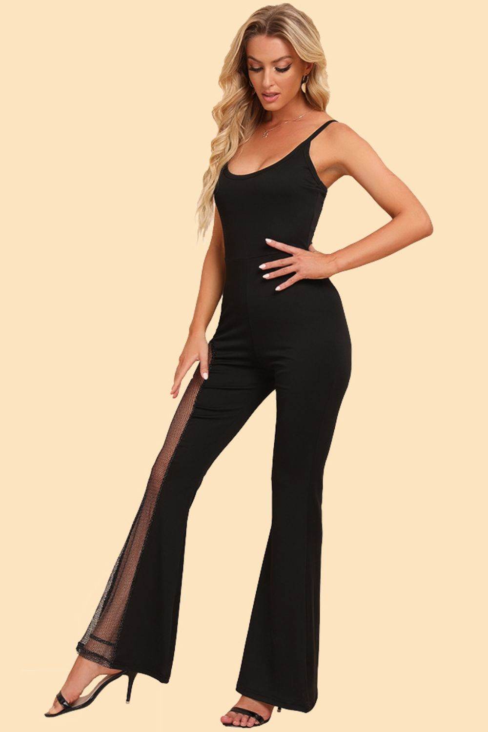 Spliced Mesh Spaghetti Strap Jumpsuit-0