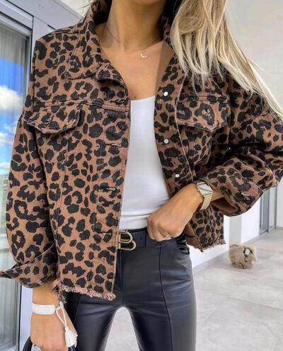 Raw Hem Leopard Collared Neck Denim Jacket for Women-0