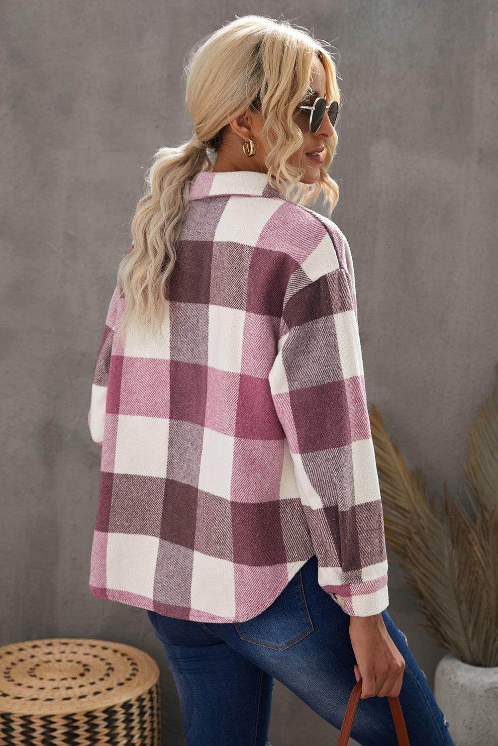 Plaid Button Up Dropped Shoulder Jacket for Women Stylish-1