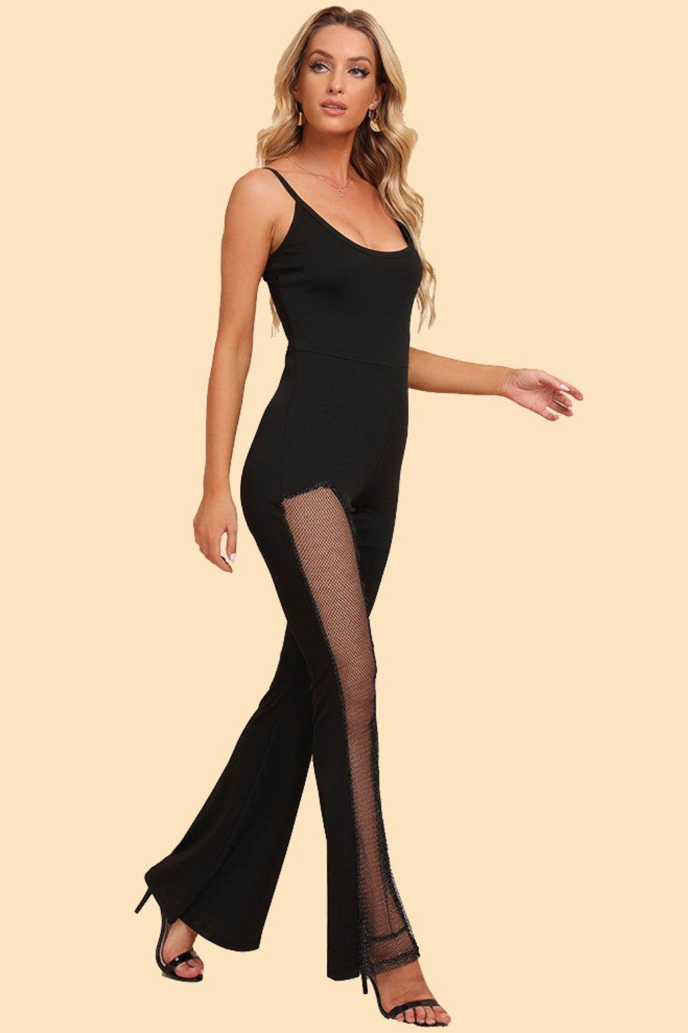 Spliced Mesh Spaghetti Strap Jumpsuit-2
