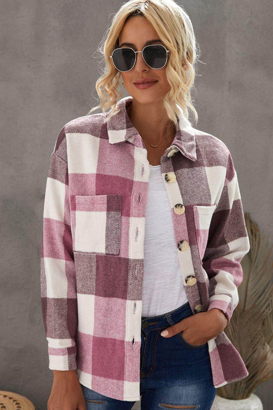 Plaid Button Up Dropped Shoulder Jacket for Women Stylish-0