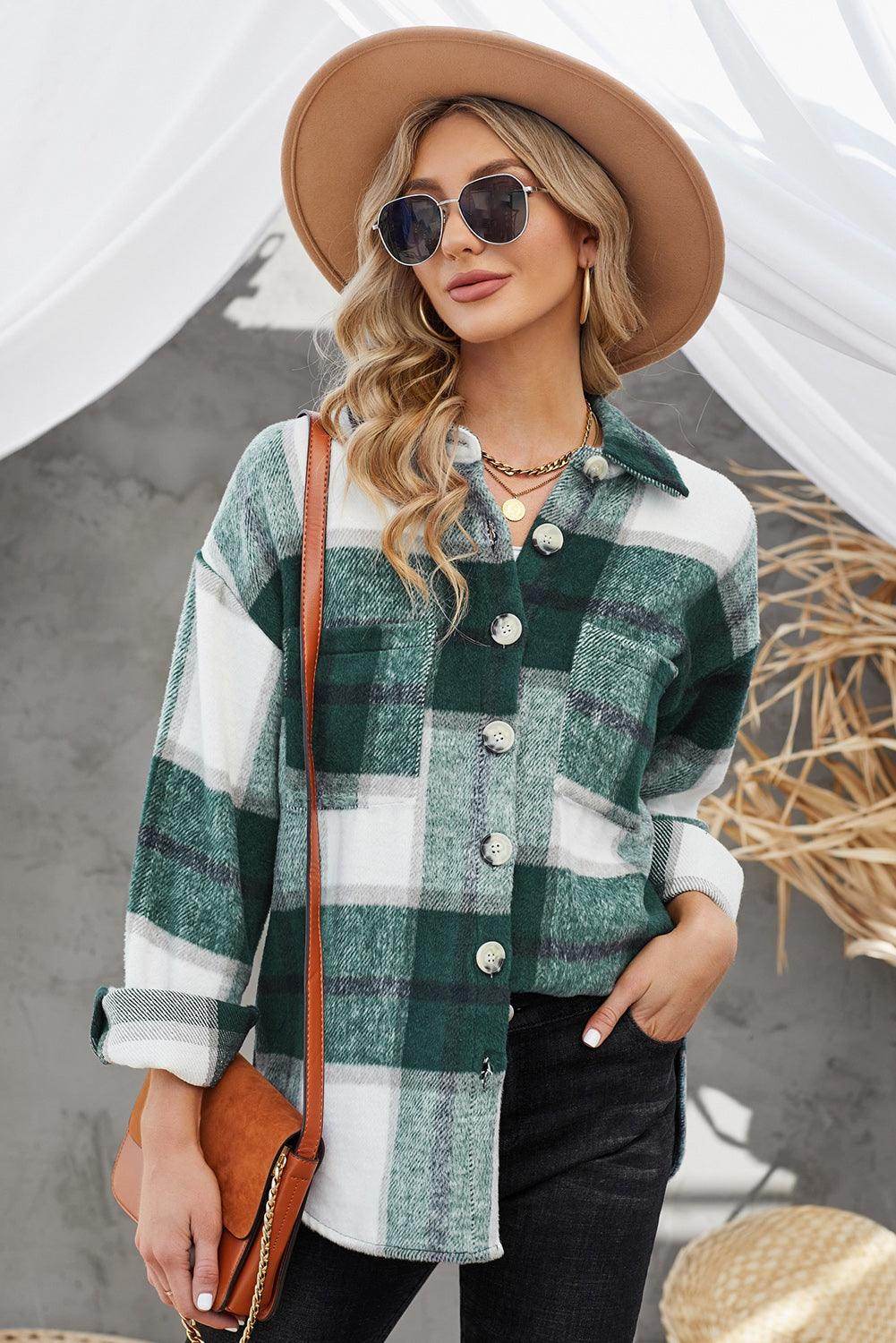 Plaid Button Up Dropped Shoulder Jacket for Women Stylish-11