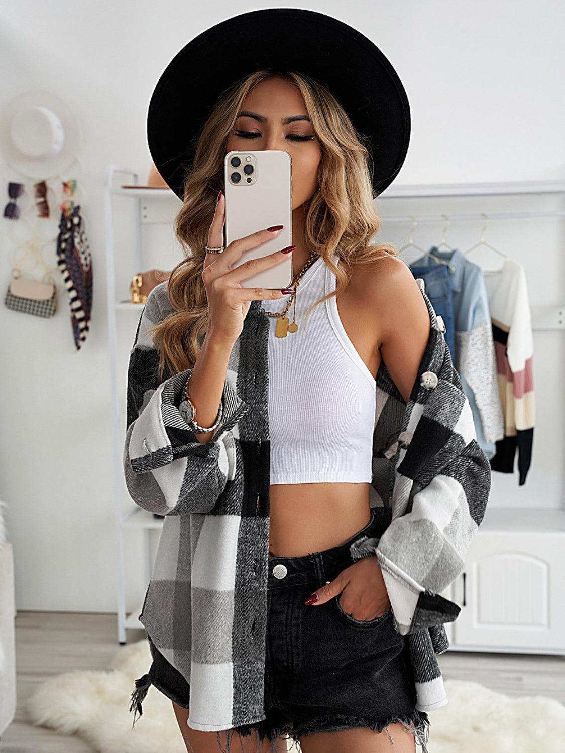 Plaid Button Up Dropped Shoulder Jacket for Women Stylish-8