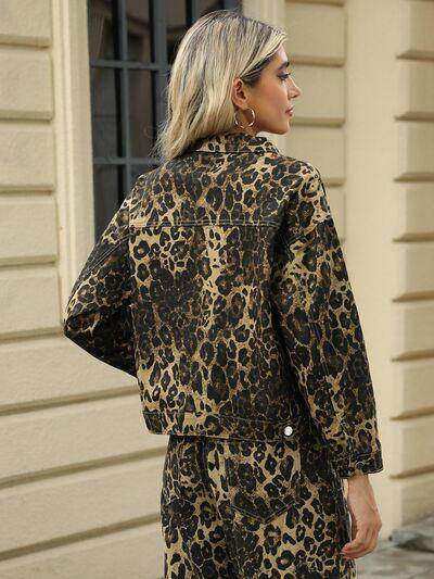 Pocketed Leopard Long Sleeve Denim Jacket for Women-1