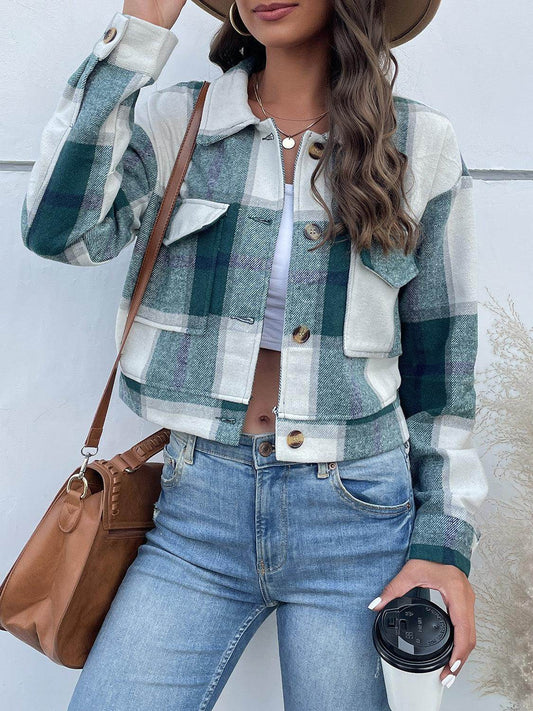 Perfee Plaid Button Up Drop Shoulder Cropped Jacket for Women-0