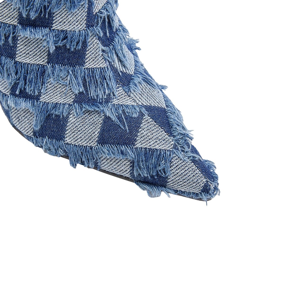 Blue Checkered Frayed Denim Ankle Boots-4