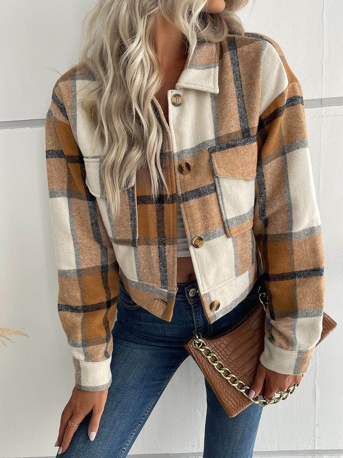 Perfee Plaid Button Up Drop Shoulder Cropped Jacket for Women-8