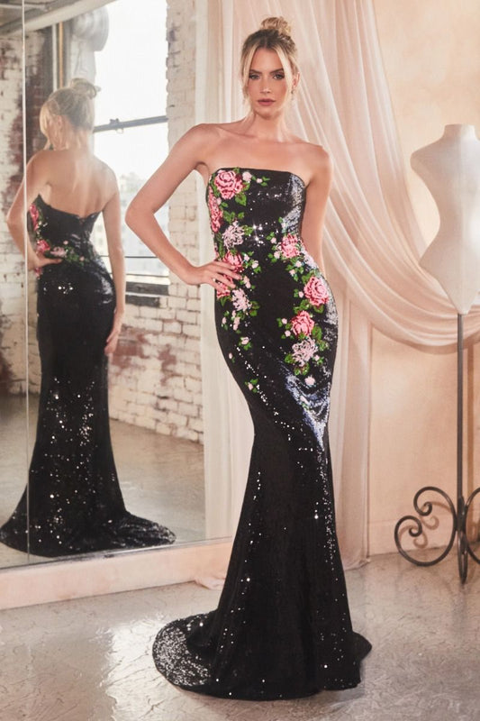 Strapless Floral Patterned Sequin Dress-0