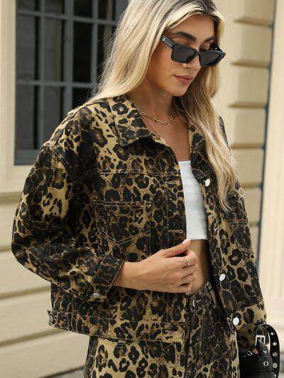 Pocketed Leopard Long Sleeve Denim Jacket for Women-2