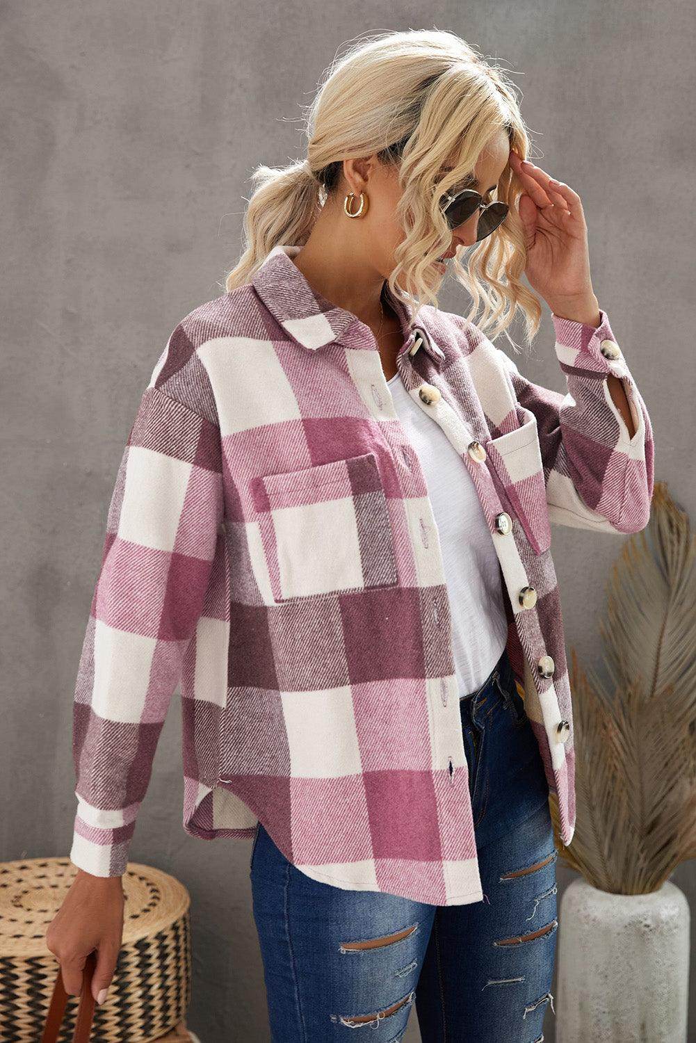 Plaid Button Up Dropped Shoulder Jacket for Women Stylish-2
