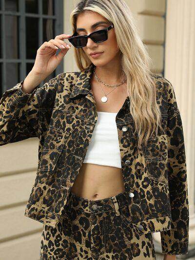 Pocketed Leopard Long Sleeve Denim Jacket for Women-3