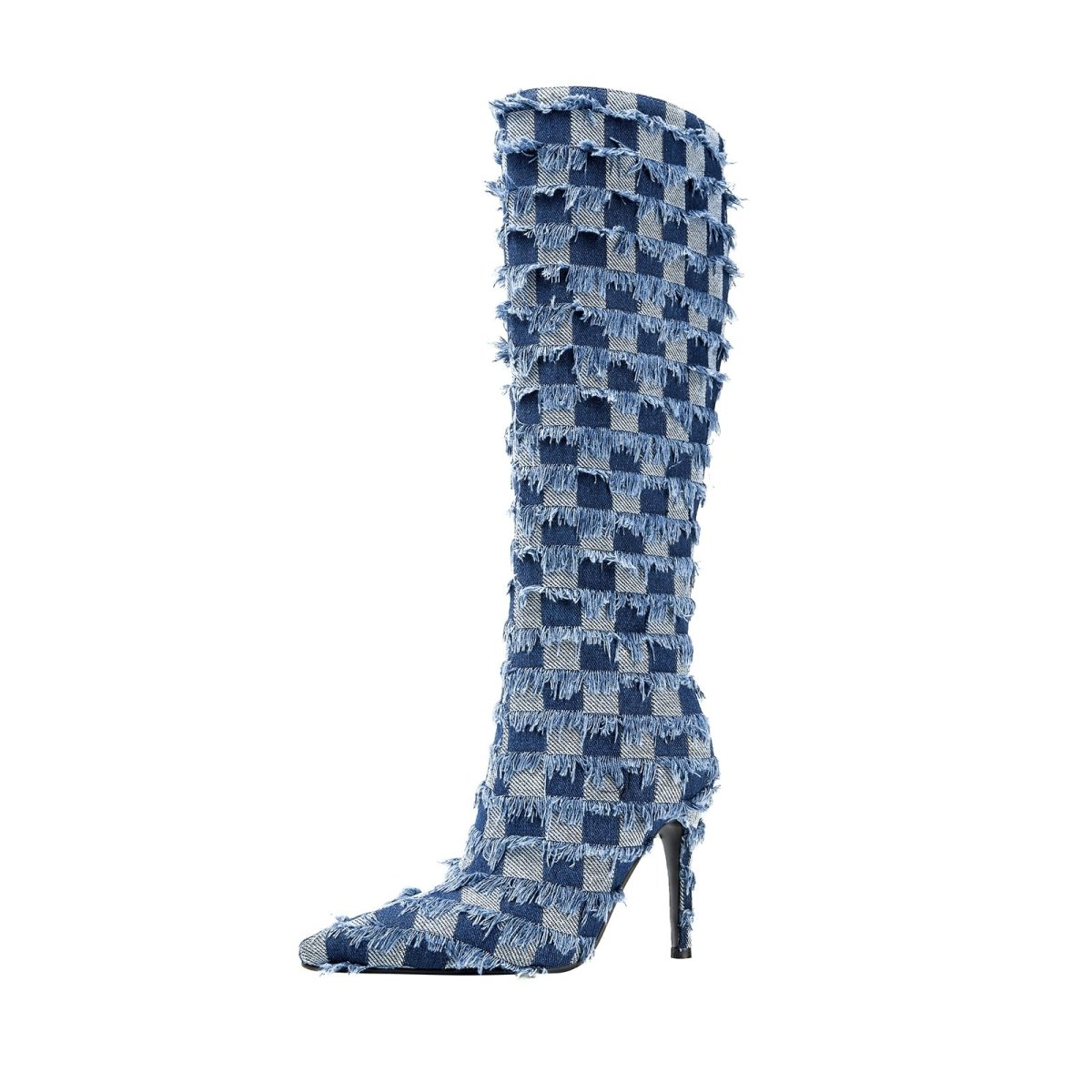 Frayed Checkered Blue Denim Knee High Boots-2