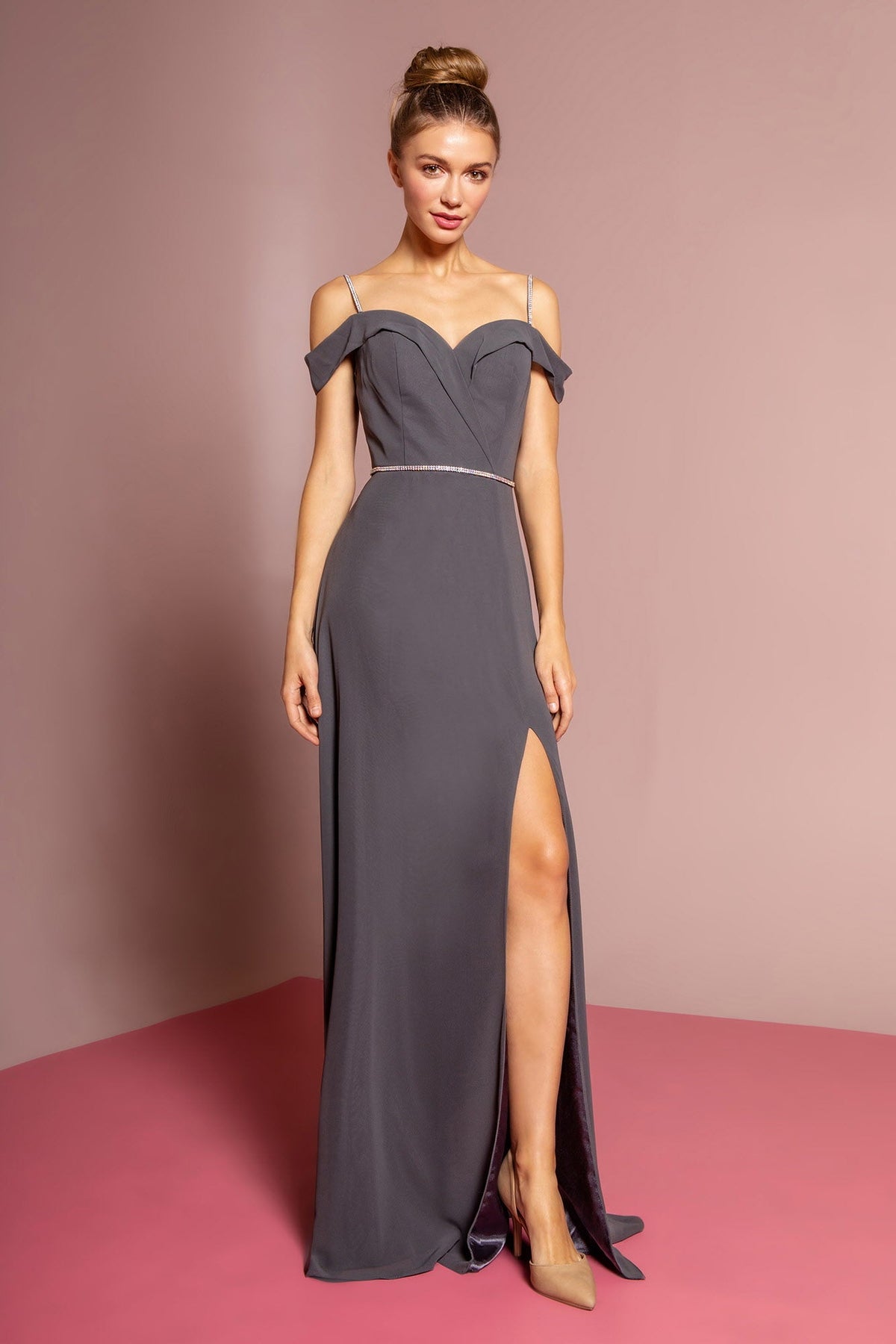 Chiffon Rhinestone Straps Long Dress-0