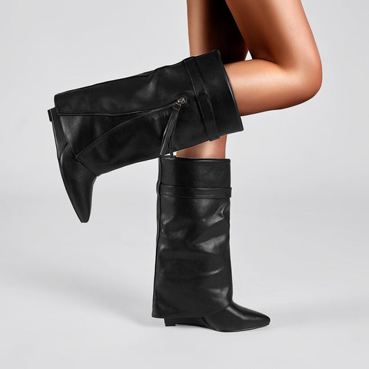 Leather Foldover Slouchy Knee High Boots-0