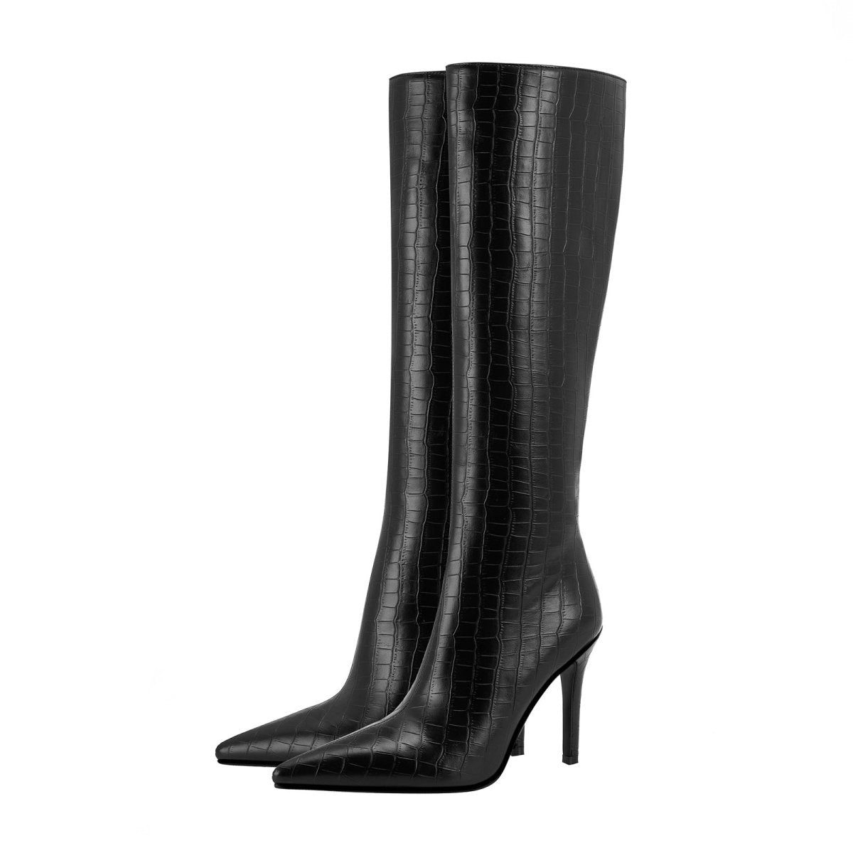 Sleek Black Leather Pointed Knee High Boots-3