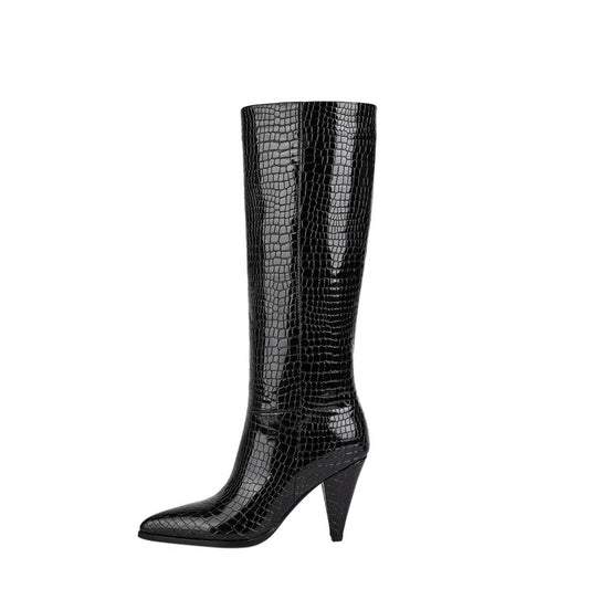 Sleek Textured Black Knee High Boots-0