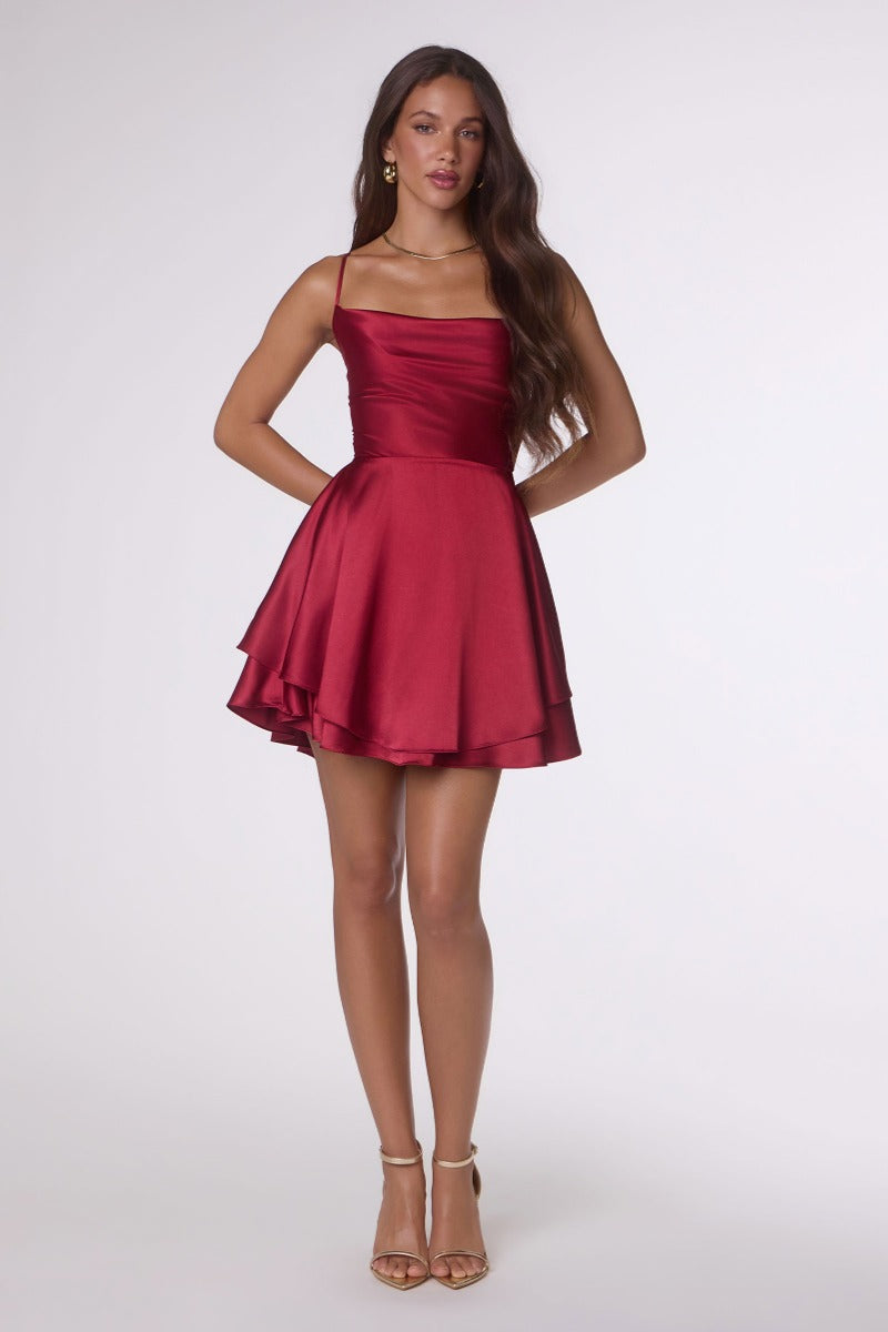 Chic Draped Neck Satin Mini Dress | Lace-Up Back Fit & Flare Party & Homecoming Dress-5