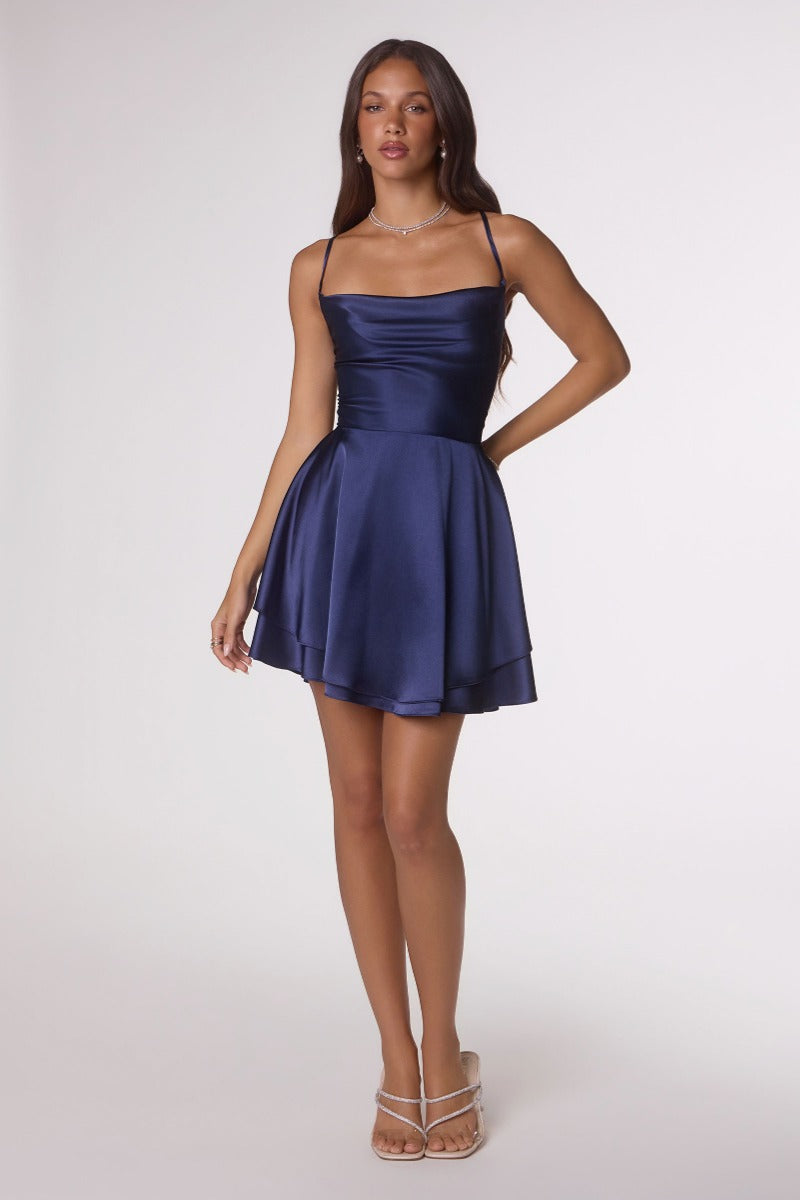 Chic Draped Neck Satin Mini Dress | Lace-Up Back Fit & Flare Party & Homecoming Dress-7